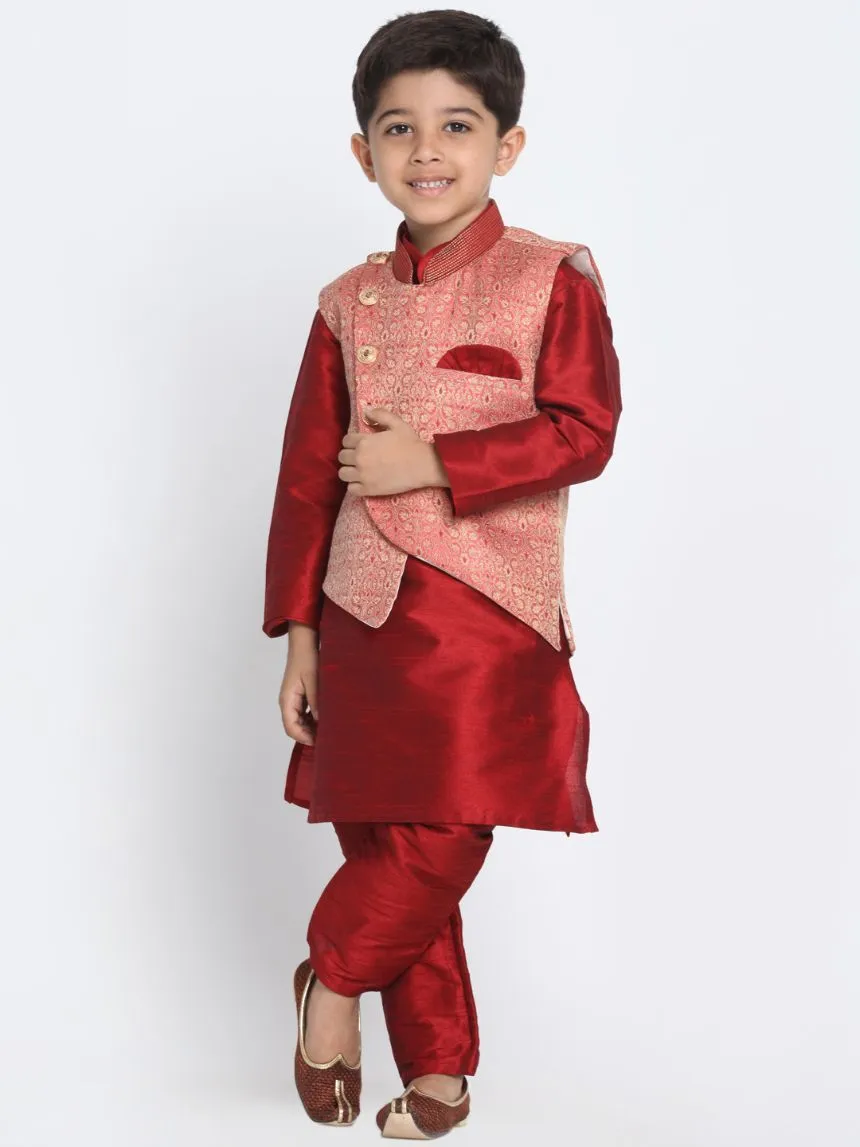 VASTRAMAY Boys' Maroon Silk Blend Kurta, Nehru Jacket and Pyjama Set