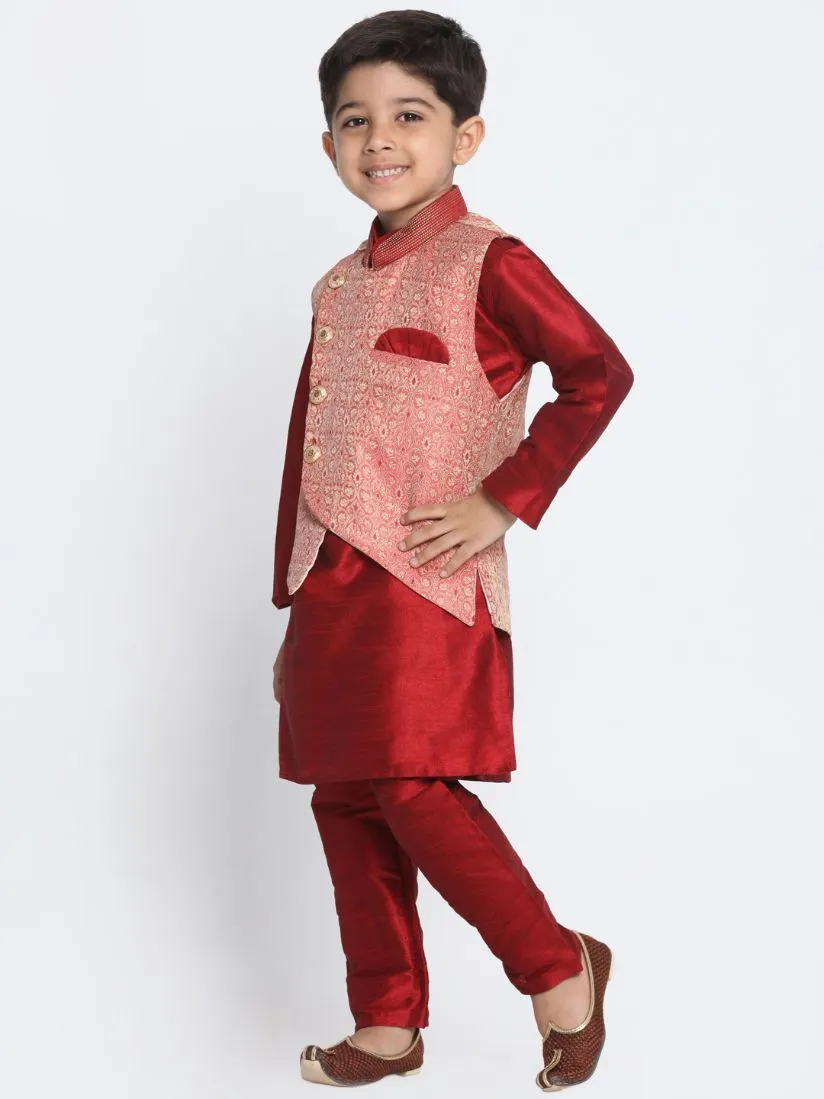 VASTRAMAY Boys' Maroon Silk Blend Kurta, Nehru Jacket and Pyjama Set