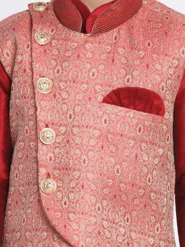 VASTRAMAY Boys' Maroon Silk Blend Kurta, Nehru Jacket and Pyjama Set