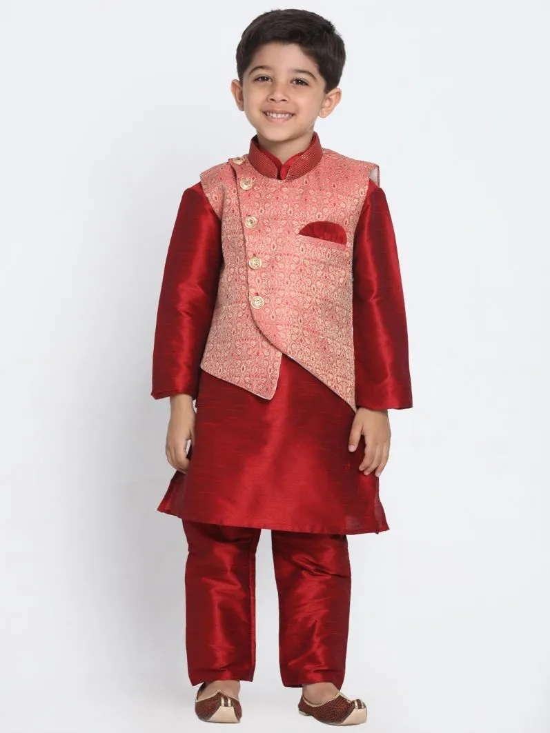 VASTRAMAY Boys' Maroon Silk Blend Kurta, Nehru Jacket and Pyjama Set