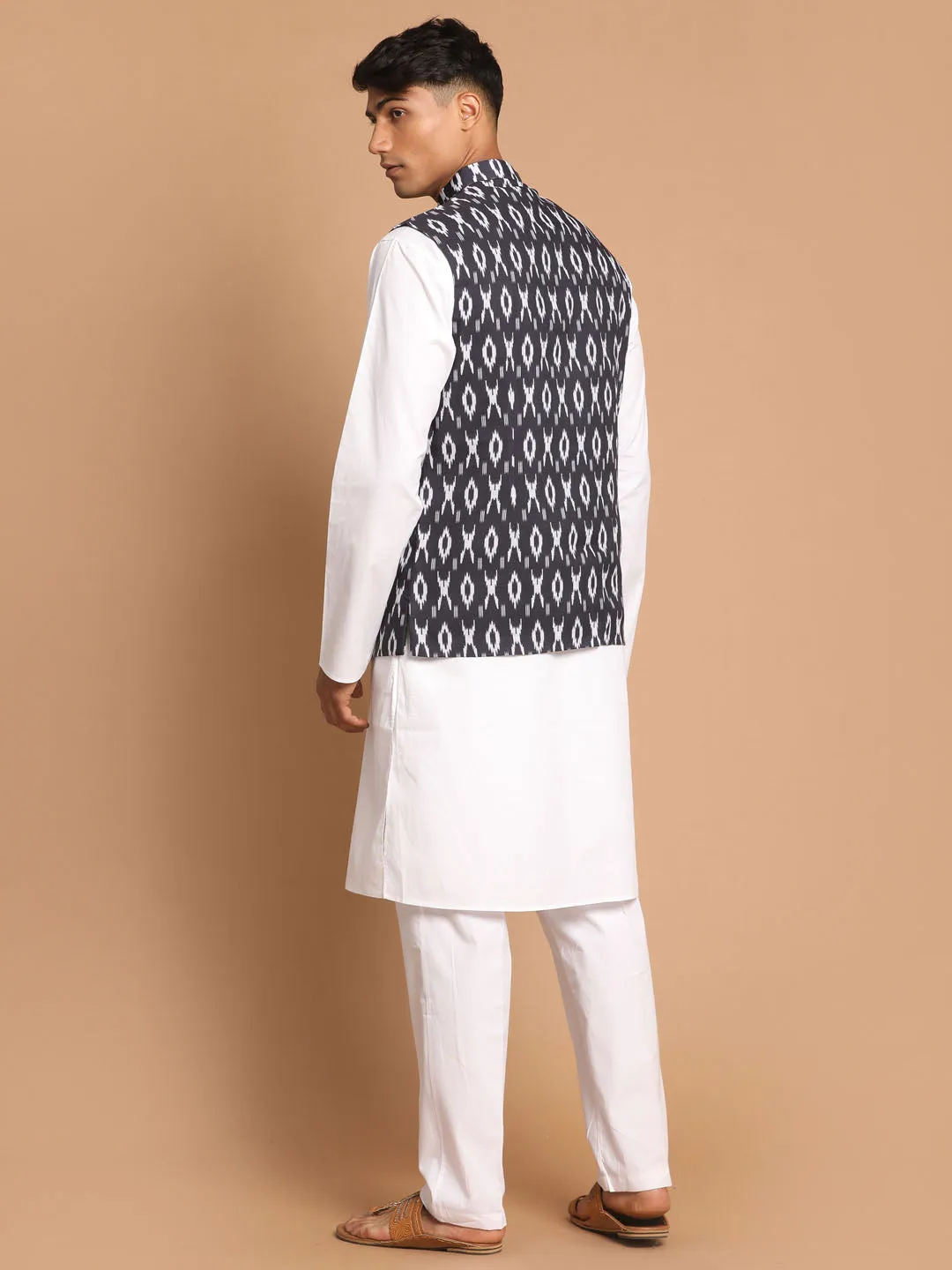 VASTRAMAY Men's Black Ikkat Printed Cotton Nehru Jacket With White Kurta And Pyjama Set