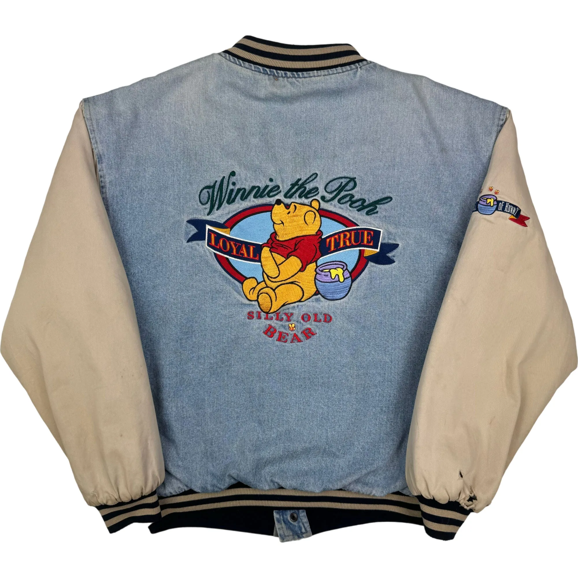 Vintage 90's Disney Winnie the Pooh Denim Varsity Jacket Beige Rare