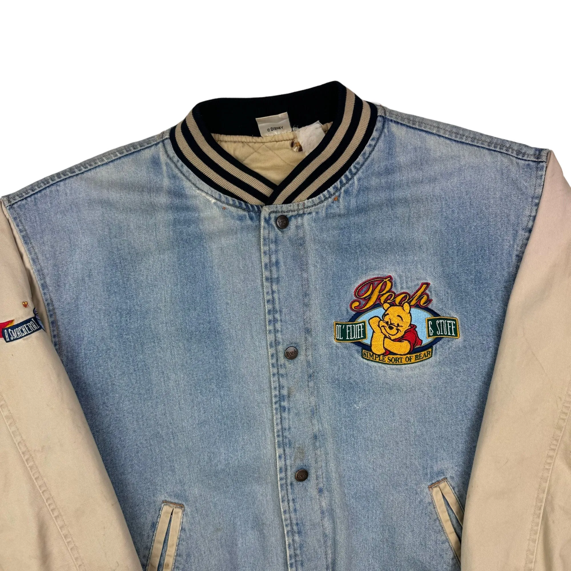 Vintage 90's Disney Winnie the Pooh Denim Varsity Jacket Beige Rare