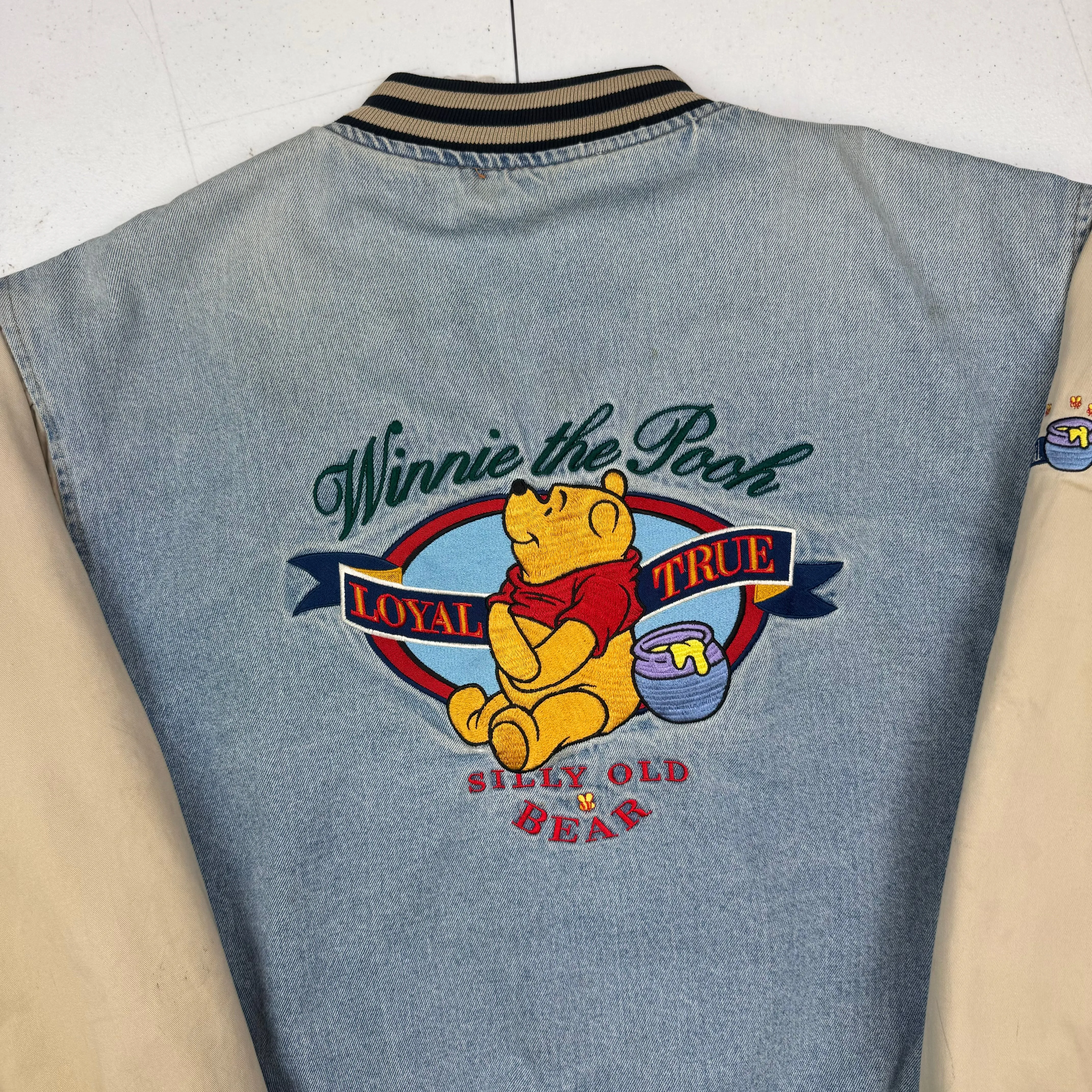 Vintage 90's Disney Winnie the Pooh Denim Varsity Jacket Beige Rare