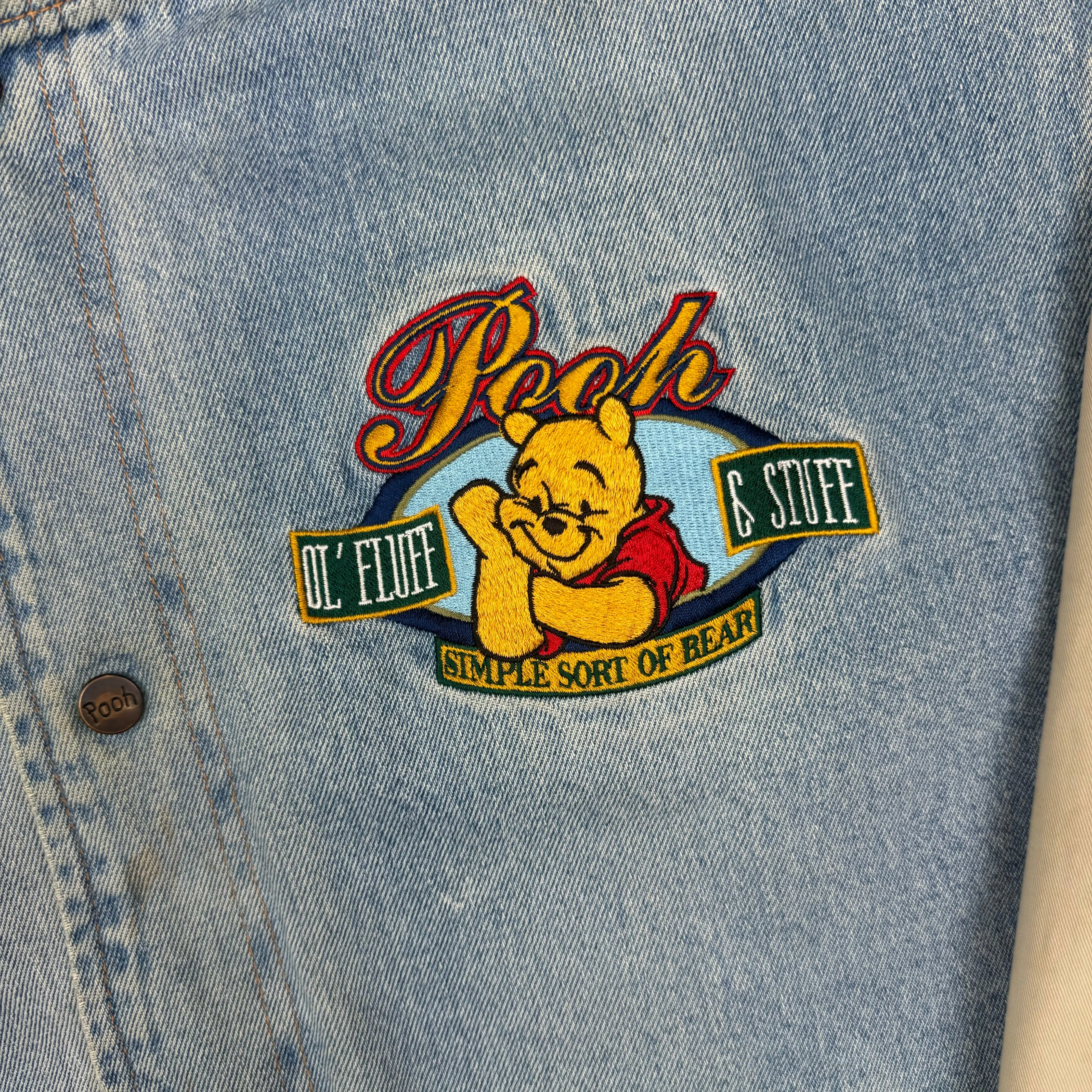 Vintage 90's Disney Winnie the Pooh Denim Varsity Jacket Beige Rare