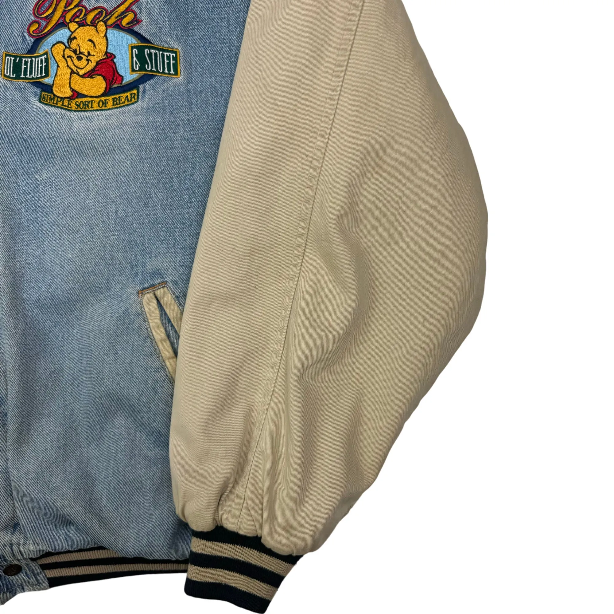 Vintage 90's Disney Winnie the Pooh Denim Varsity Jacket Beige Rare