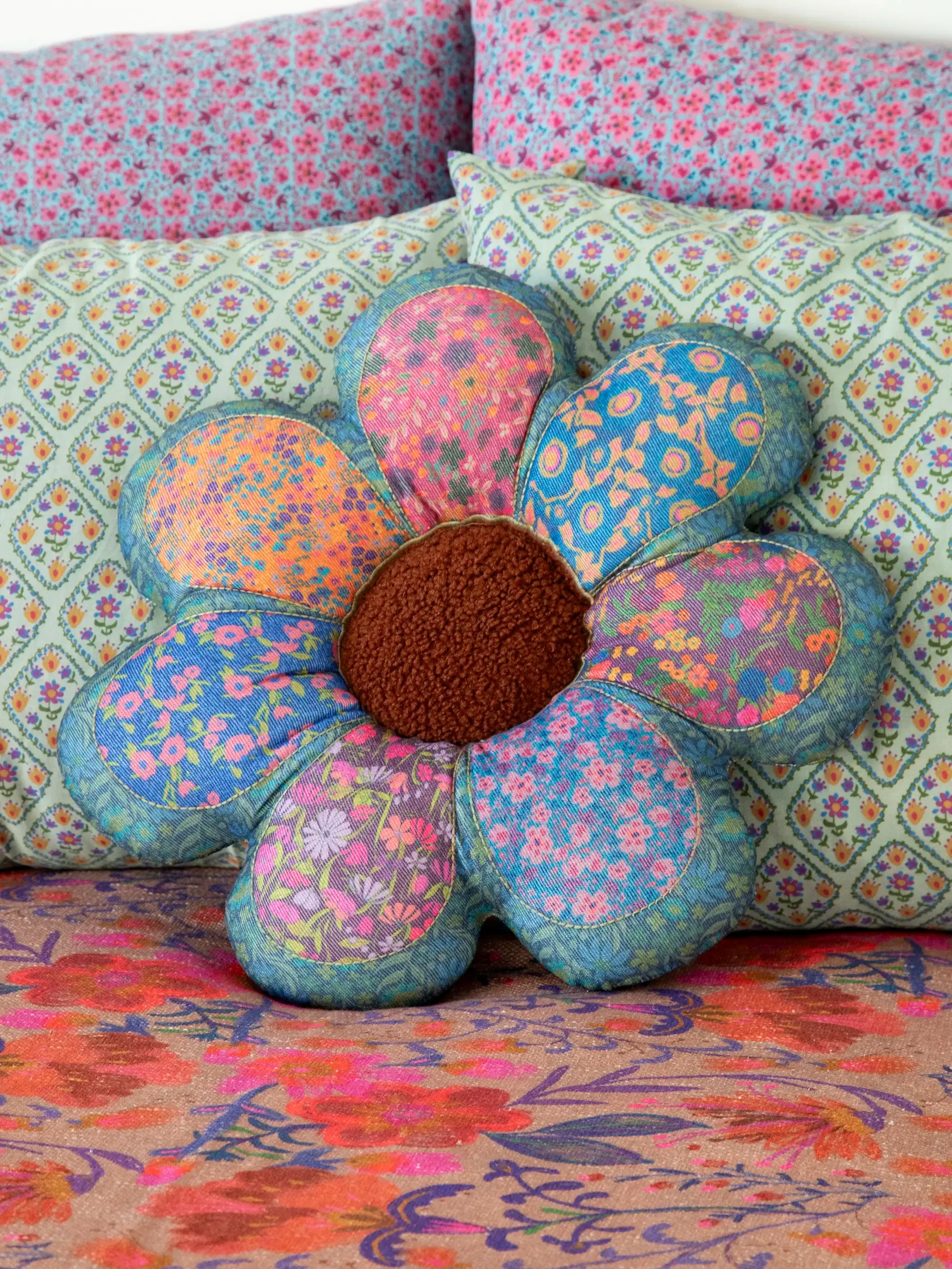 Whimsy Patchwork Pillow - Folk Flower