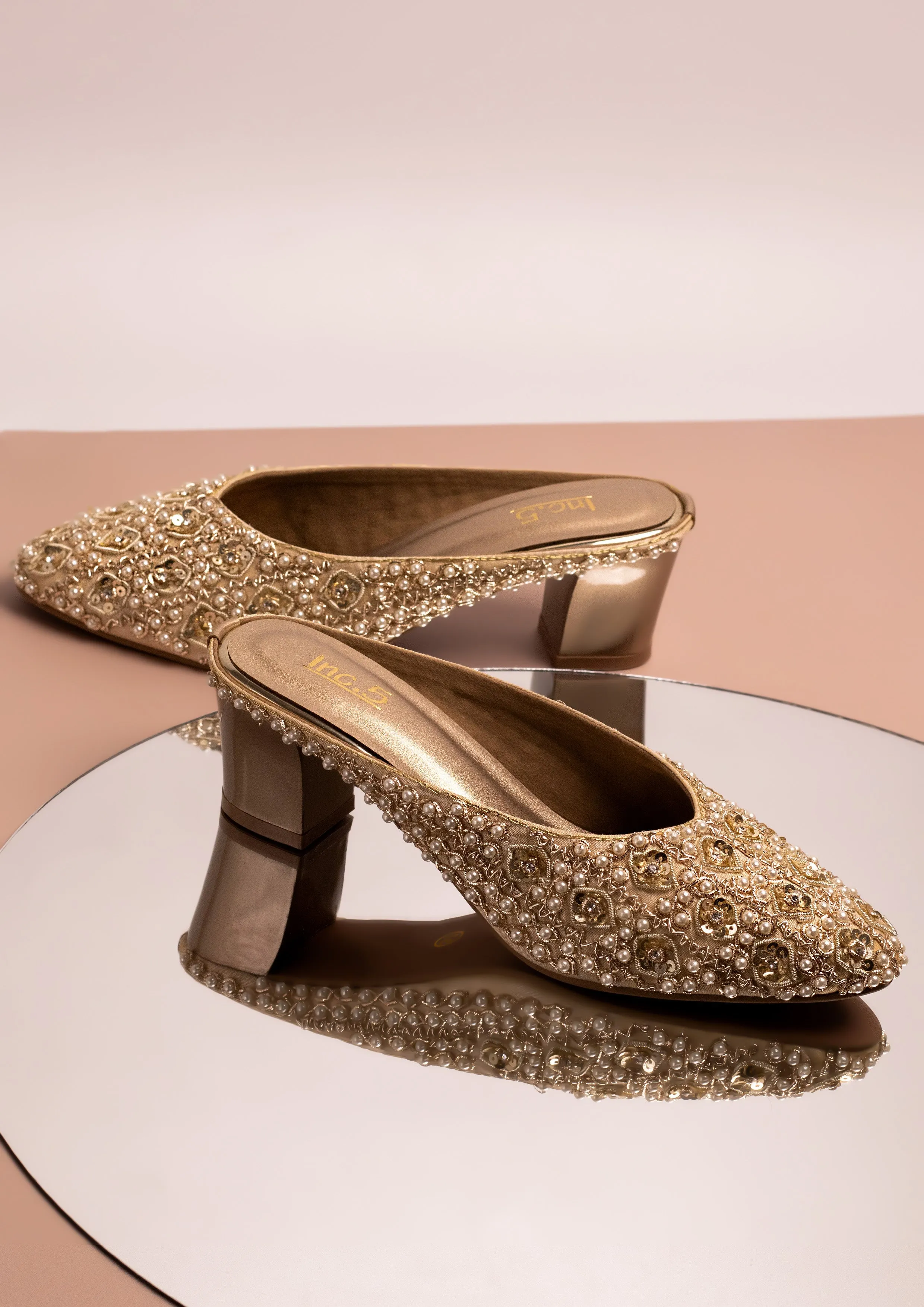 Women Gold Embroidered Ethnic Block Heel Mules