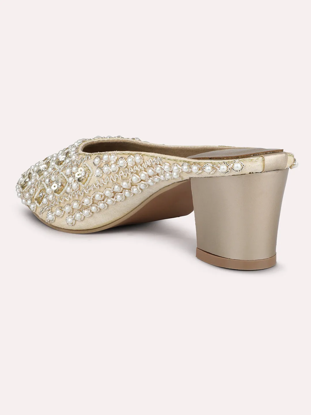 Women Gold Embroidered Ethnic Block Heel Mules